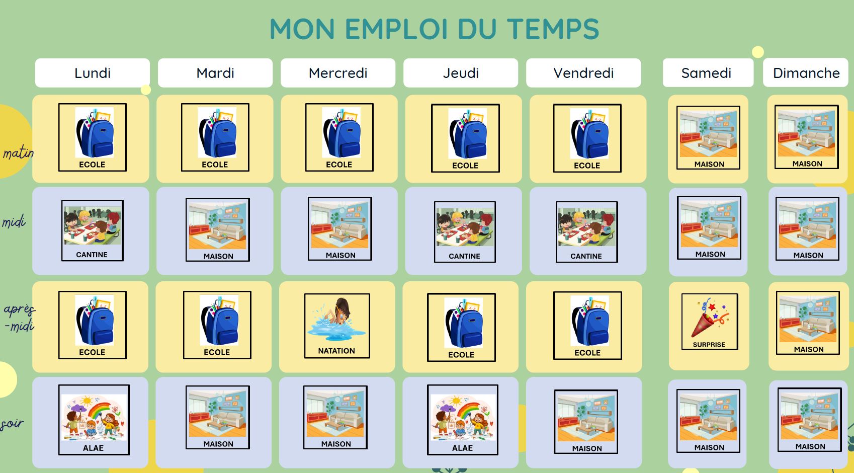 Planning visuel pour enfant avec pictogrammes